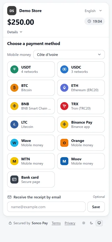 Payment page on a phone: choosing a payment method
